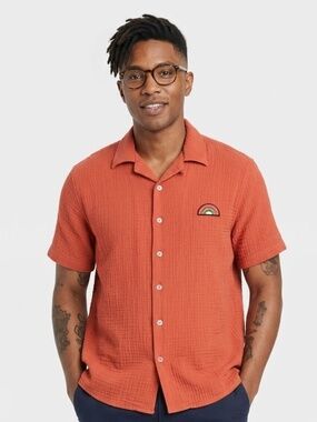 Men's Woven Short Sleeve Button Down Casual Fit Cotton Small Take Pride